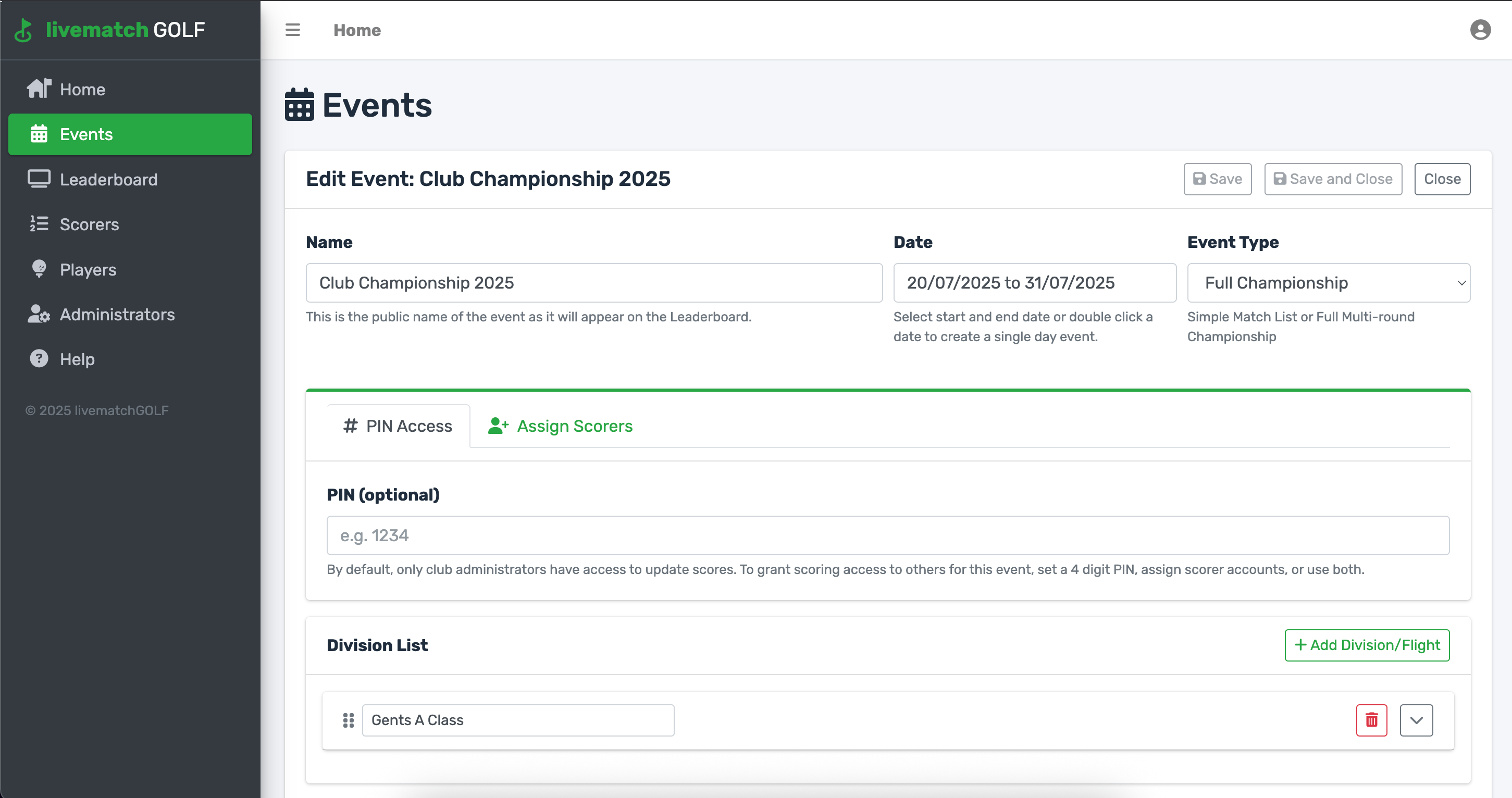 Screenshot of the livematchGOLF admin dashboard
