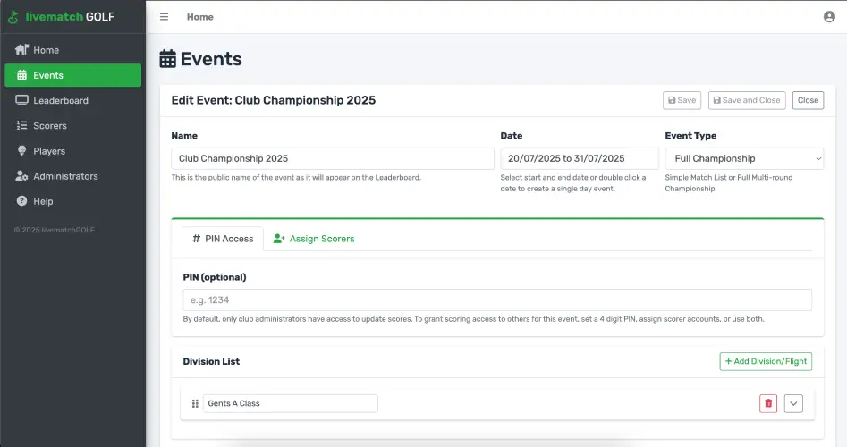 The simple admin dashboard for setting up a club championship on livematchGOLF