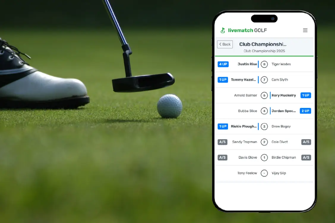 A golfer putting on a green with a mobile club championship matchplay leaderboard