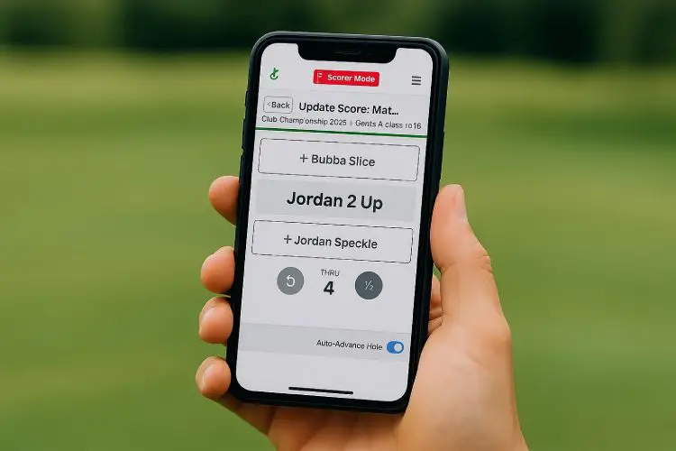 A hand holding a phone displaying the livematchGOLF leaderboard scoring interface on a golf course.